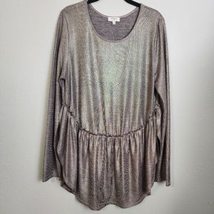 Umgee Purple/Gold Shimmer Iridescent Long Sleeve Babydoll Peplum Top Size L